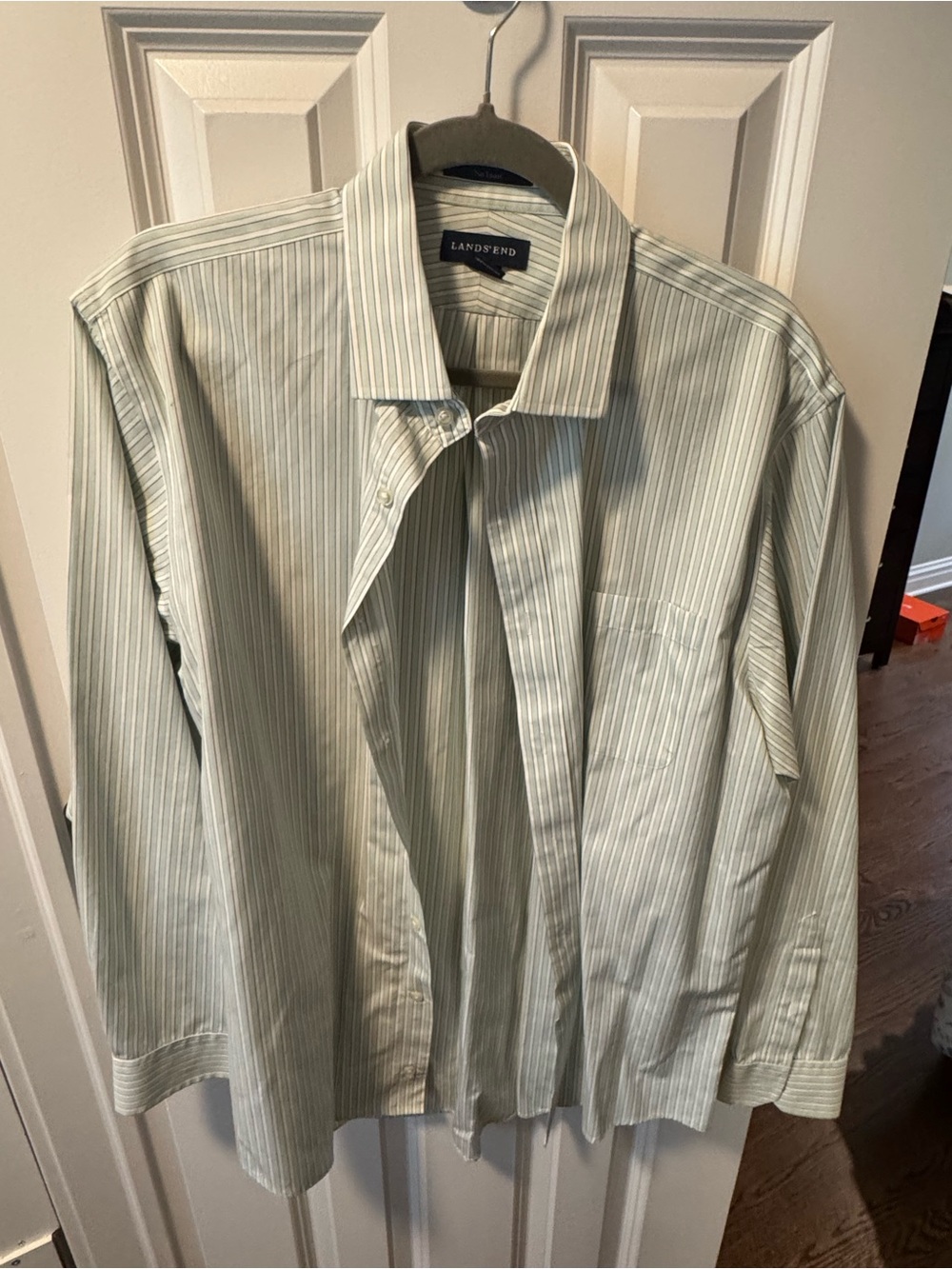 Lands' End Men's Pale Green and White Striped Button-Up Shirt